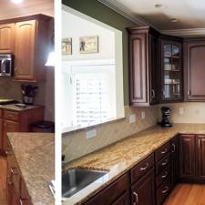Before and after kitchen cabinet refinishing in a rich furniture finish